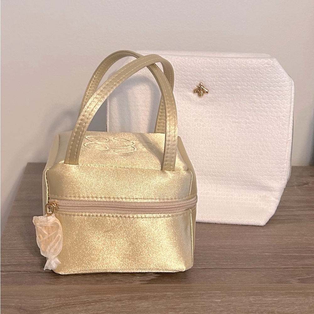 Guerlain Paris 2 PC Cosmetic Bag Set Includes a Gold Bag and a White Bag NWOT